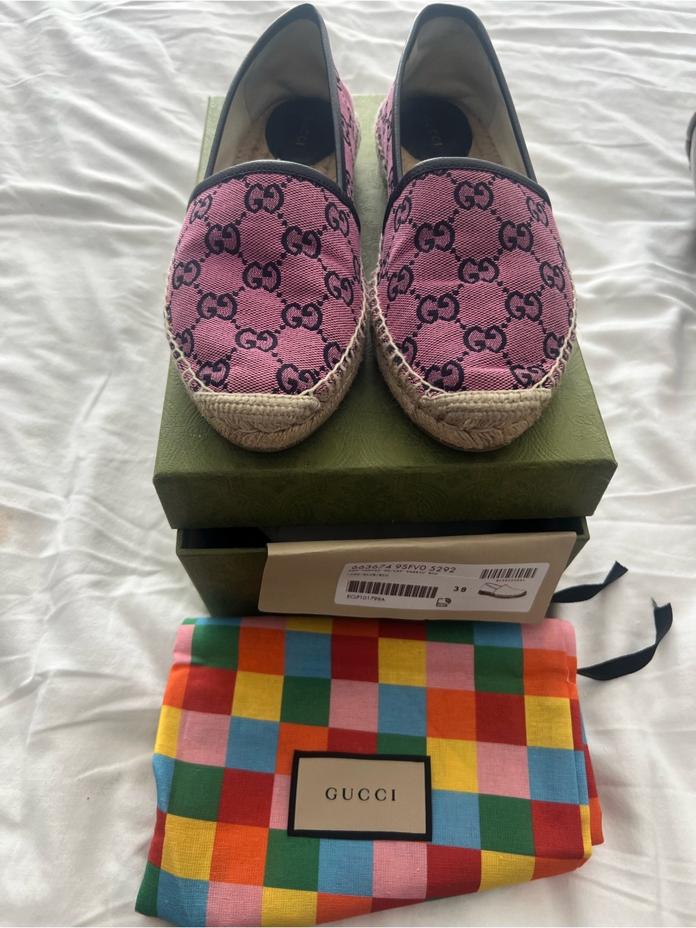 Gucci Pink GG Canvas Espadrille Flats with Black Logo